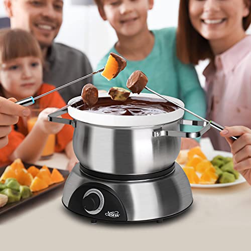 Artestia 14.79-Cup Large Capacity Electric Fondue Pot - 1-QT Ceramic Fondue for Cheese, Chocolat & 2.6-QT S/S Fondue Pot for Broth, Hot Oil, 1500W Temperature Control, 8 Color-Coded Forks, S/S Base