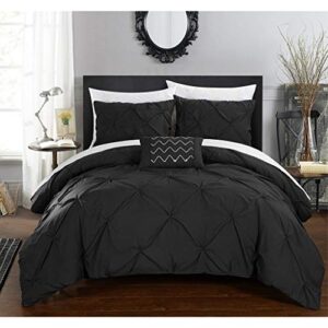 chic home 4 piece daya pinch, ruffled and pleated complete queen duvet cover set black shams and decorative pillows included