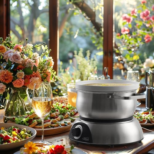 Artestia 14.79-Cup Large Capacity Electric Fondue Pot - 1-QT Ceramic Fondue for Cheese, Chocolat & 2.6-QT S/S Fondue Pot for Broth, Hot Oil, 1500W Temperature Control, 8 Color-Coded Forks, S/S Base