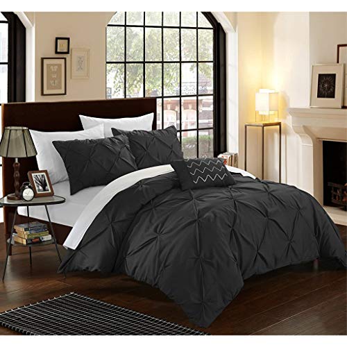 Chic Home 4 Piece Daya Pinch, Ruffled and Pleated Complete Queen Duvet Cover Set Black Shams and Decorative Pillows Included