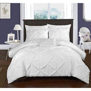 Chic Home Daya Cover Set Ruffled Pinch Pleat Design Embellished Zipper Closure Bedding, King Duvet, White