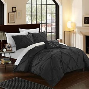 Chic Home 4 Piece Daya Pinch, Ruffled and Pleated Complete Queen Duvet Cover Set Black Shams and Decorative Pillows Included