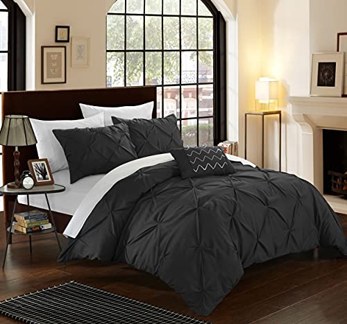 Chic Home 4 Piece Daya Pinch, Ruffled and Pleated Complete Queen Duvet Cover Set Black Shams and Decorative Pillows Included