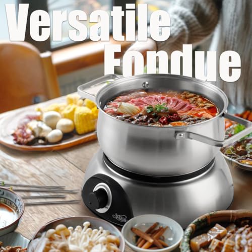 Artestia 14.79-Cup Large Capacity Electric Fondue Pot - 1-QT Ceramic Fondue for Cheese, Chocolat & 2.6-QT S/S Fondue Pot for Broth, Hot Oil, 1500W Temperature Control, 8 Color-Coded Forks, S/S Base