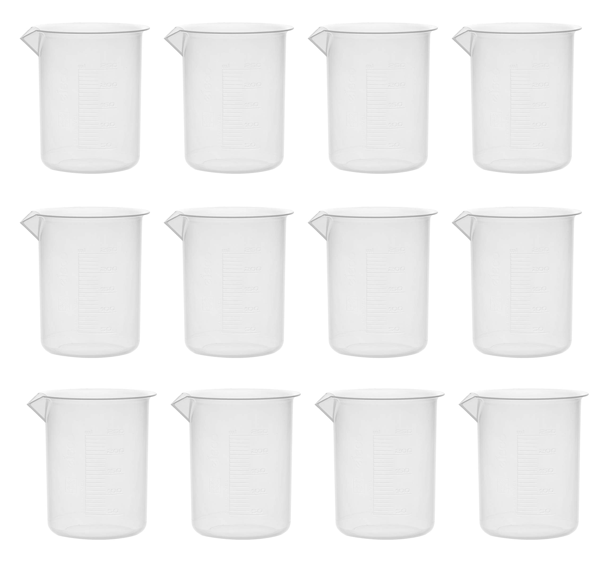 EISCO 12PK Plastic Beakers, 250ml - Polypropylene Plastic - Raised Graduations, Tapered Spout - Euro Design