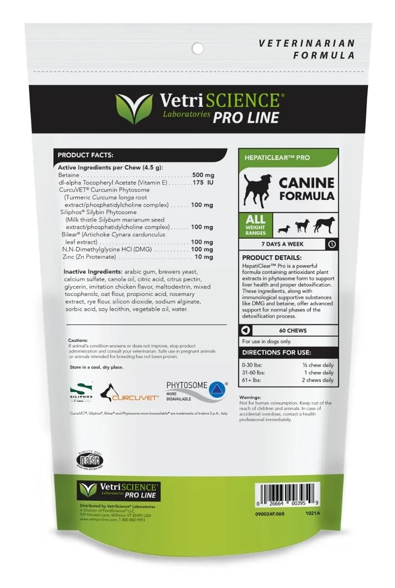 VetriScience HepatiClear Pro - Liver Health Supplement for Dogs - Supplement Supports Liver Function & Maintenance - Liver Support Formula Aids Immune System Balance - 60 Chews