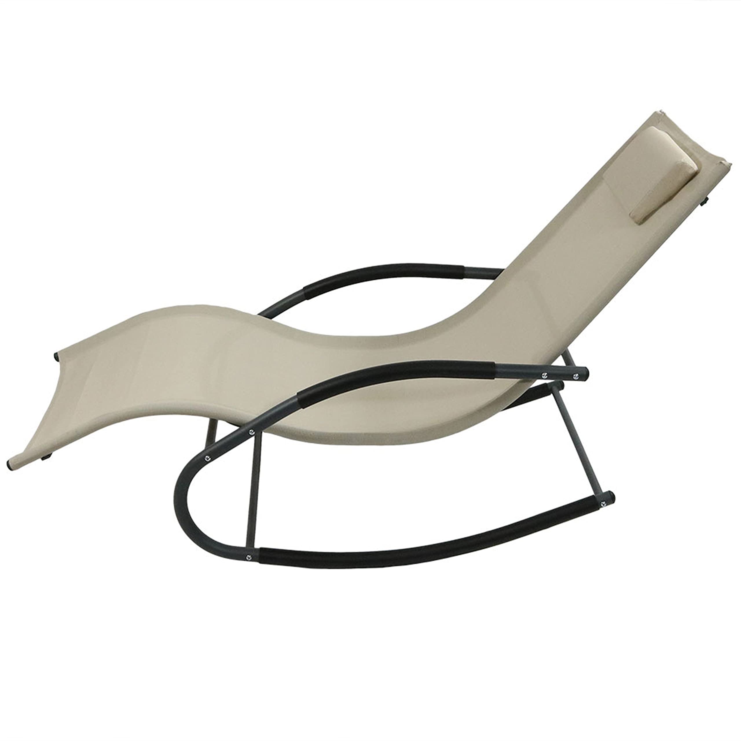 Sunnydaze Outdoor Rocking Wave Lounger with Pillow, Patio and Lawn Lounge Chair Rocker, Beige, Set of 2