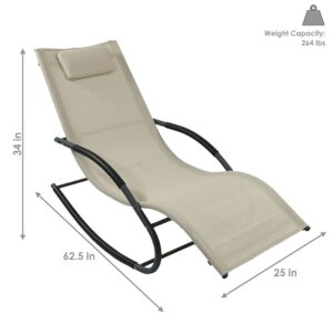 Sunnydaze Outdoor Rocking Wave Lounger with Pillow, Patio and Lawn Lounge Chair Rocker, Beige, Set of 2