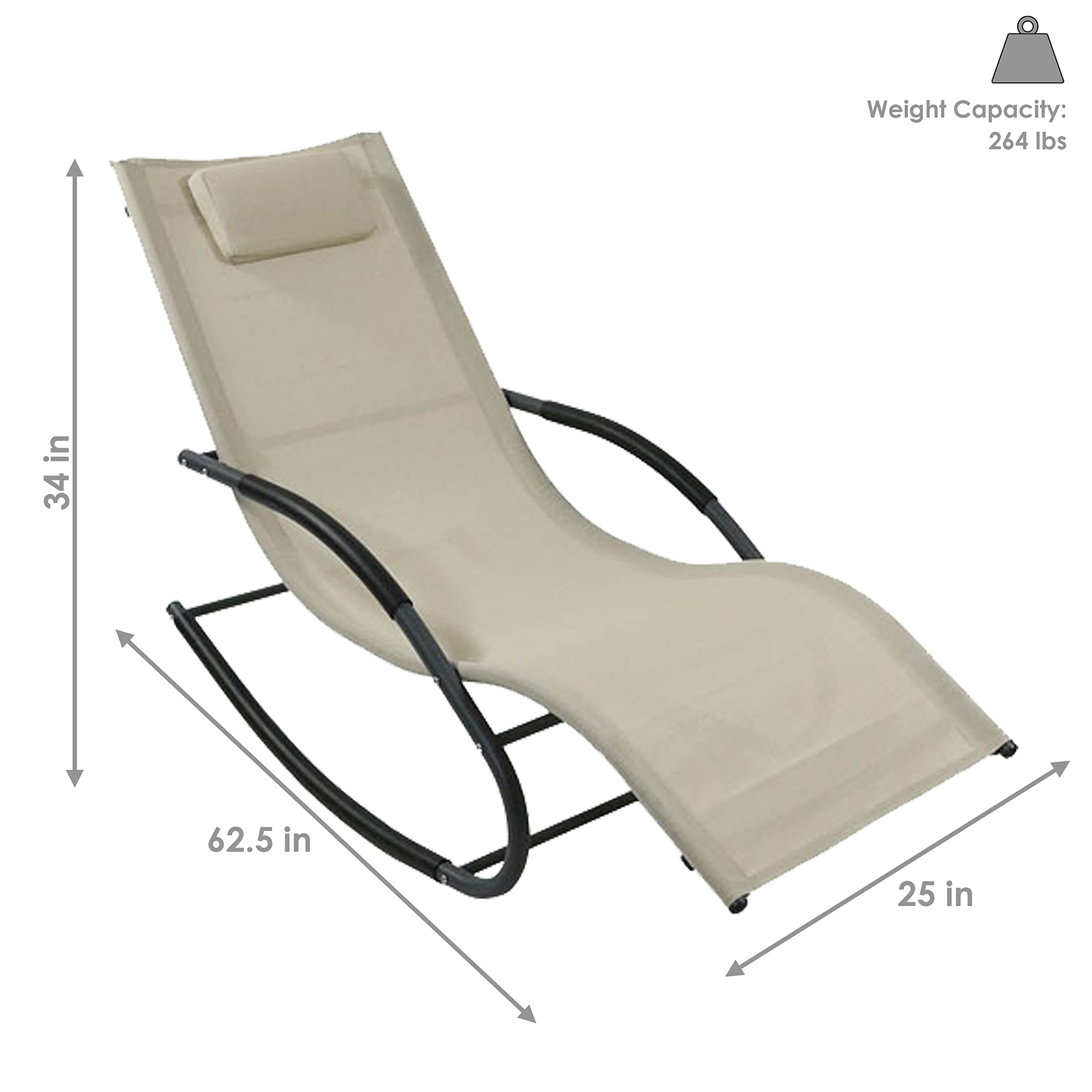 Sunnydaze Outdoor Rocking Wave Lounger with Pillow, Patio and Lawn Lounge Chair Rocker, Beige, Set of 2