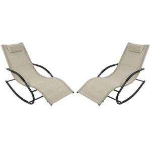 sunnydaze outdoor rocking wave lounger with pillow, patio and lawn lounge chair rocker, beige, set of 2