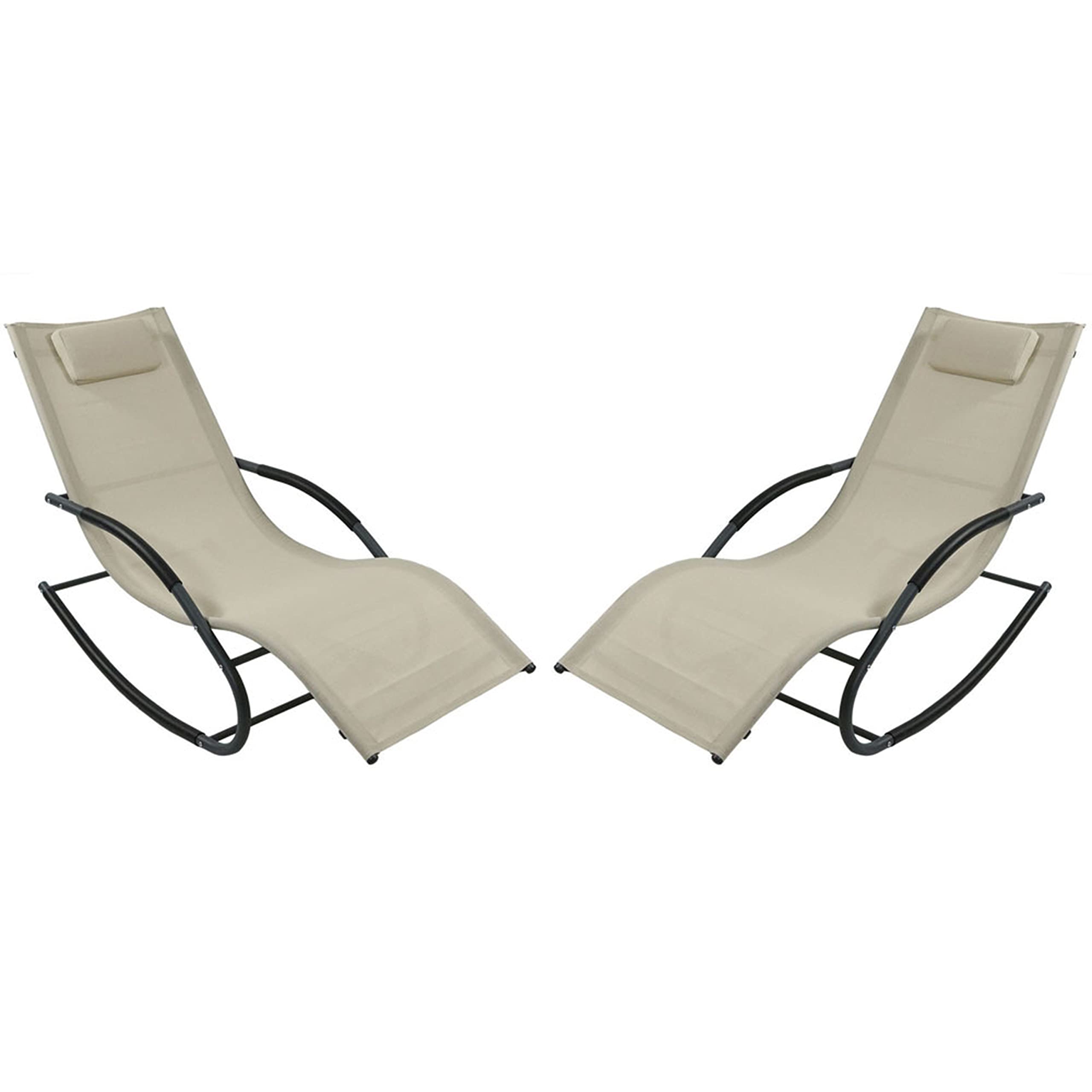 Sunnydaze Outdoor Rocking Wave Lounger with Pillow, Patio and Lawn Lounge Chair Rocker, Beige, Set of 2