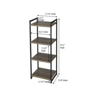 Household Essentials 4 Tier Storage Tower Shelf with Metal, Grey Shelves – Black Frame, Ashwood