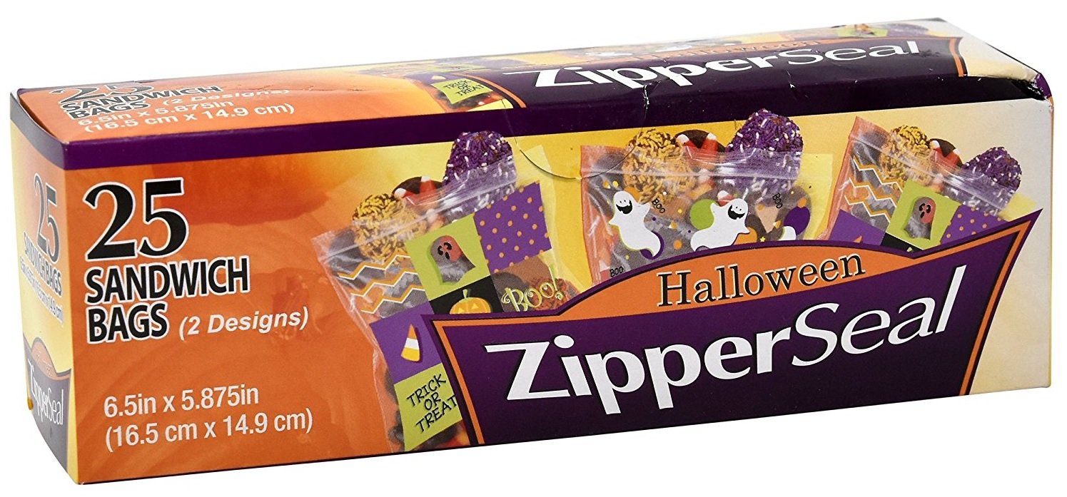 Set of 75 Halloween Zipper Seal Sandwich Bags - Assorted Halloween Fun Designs - Great for Treats