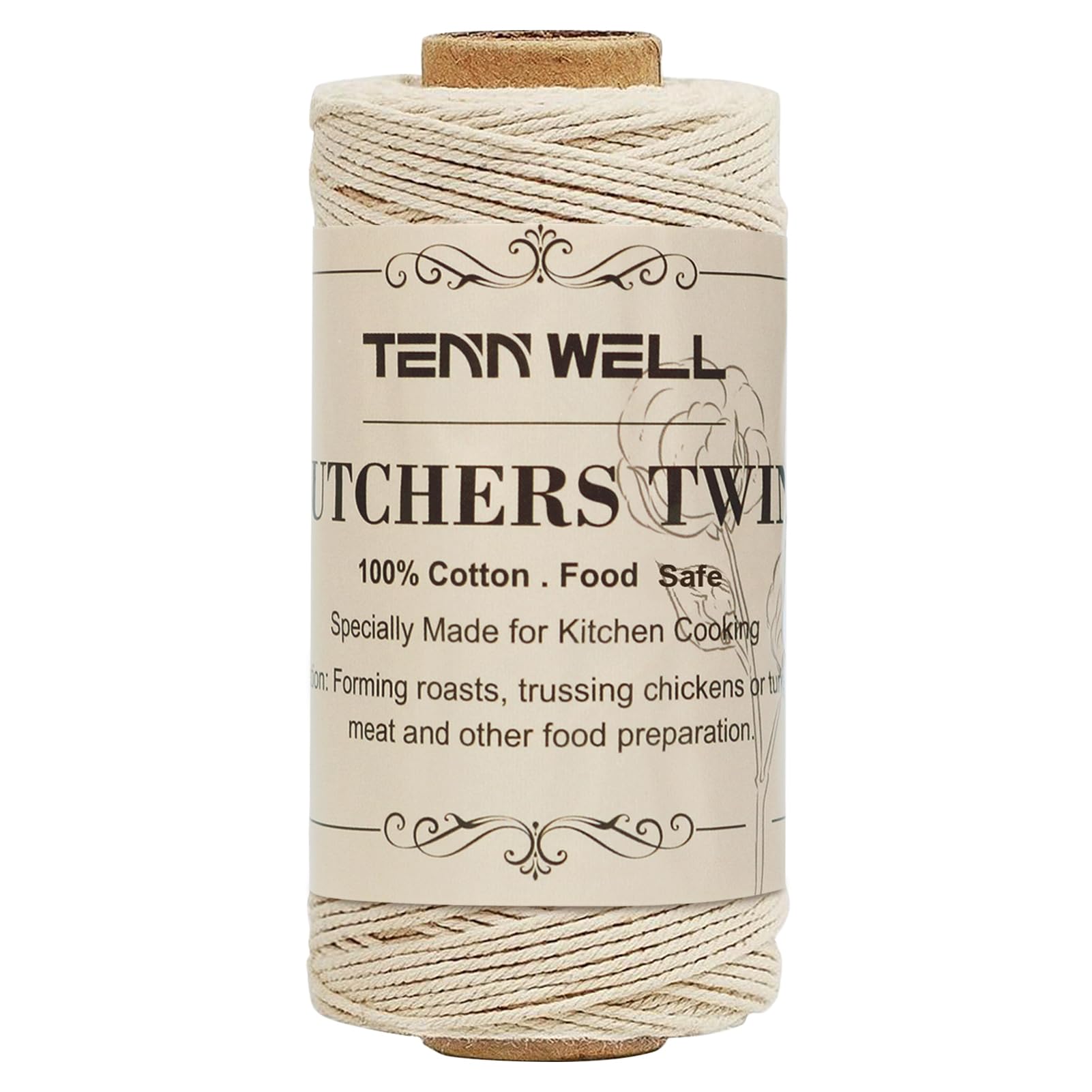 Tenn Well Butchers Cooking Twine, 328 Feet 3Ply 1mm Cotton Bakers Twine, Food Safe Kitchen Twine String for Roasting, Trussing Meat and Turkey, Food Prep, Baking and More 1pc White