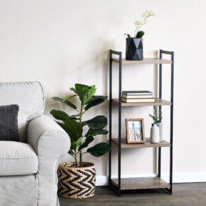 Household Essentials 4 Tier Storage Tower Shelf with Metal, Grey Shelves – Black Frame, Ashwood