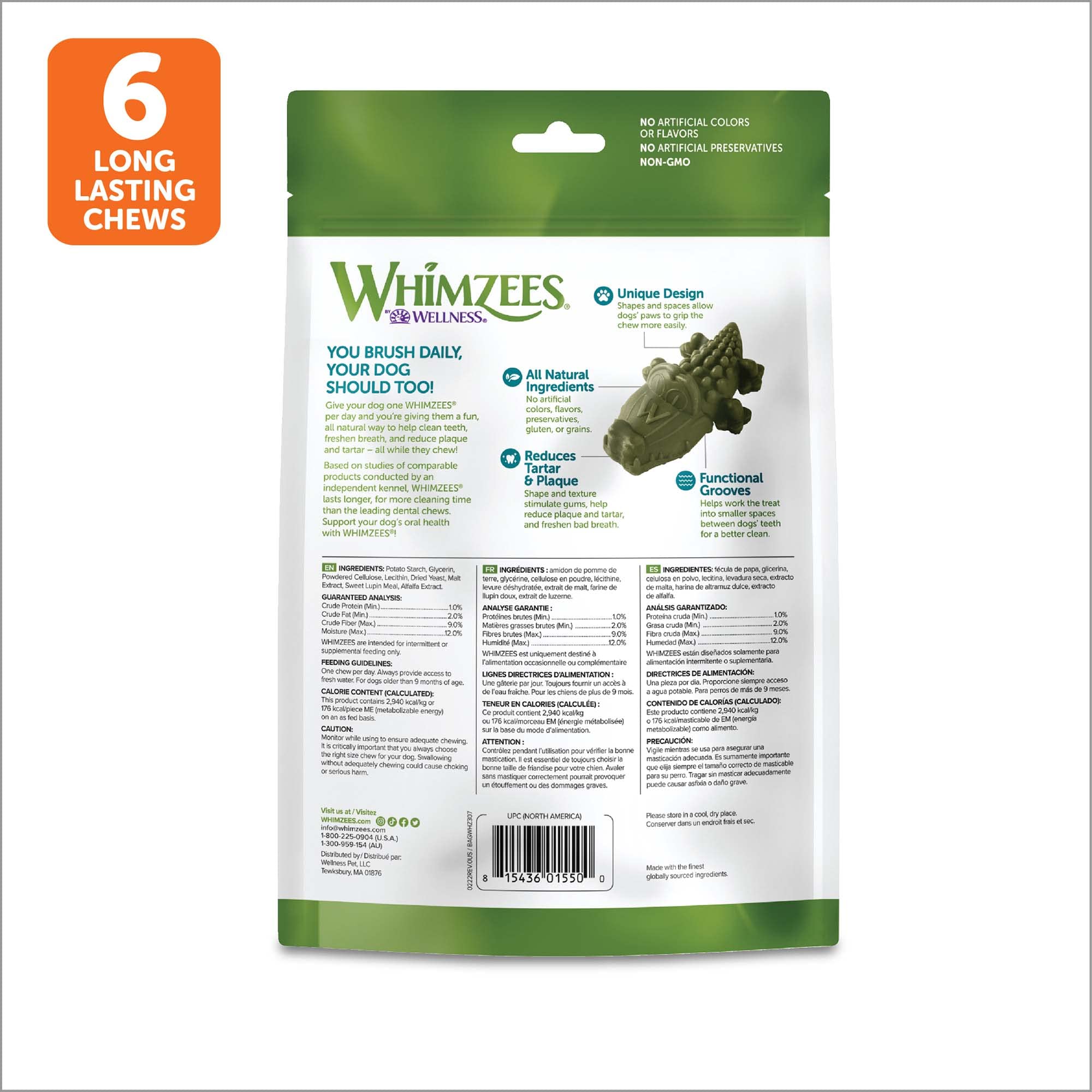 WHIMZEES by Wellness Alligator Natural Dental Chews for Dogs, Long Lasting Treats, Grain-Free, Freshens Breath, Large Breed, 6 count