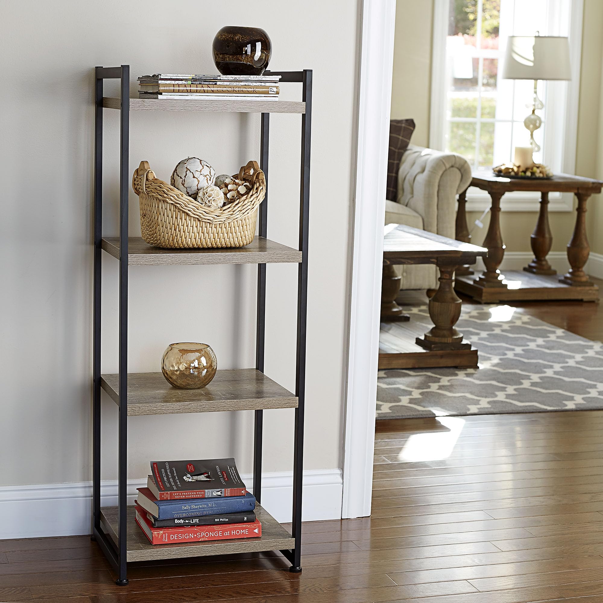 Household Essentials 4 Tier Storage Tower Shelf with Metal, Grey Shelves – Black Frame, Ashwood