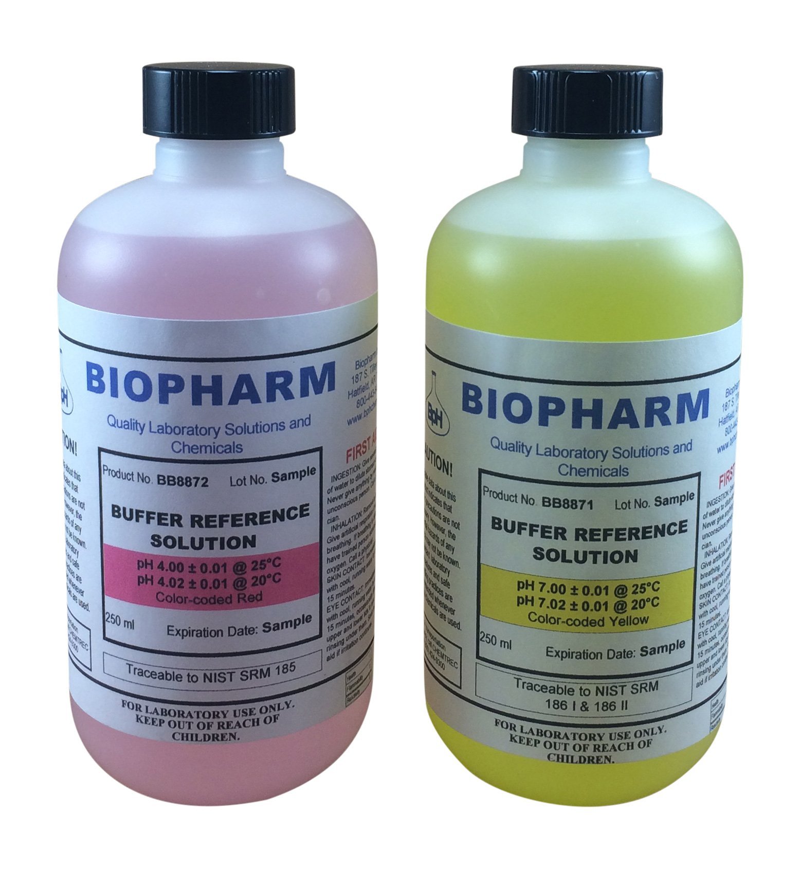 pH Buffer Calibration Solution Kit 2-Pack — one pH 4.00 (red) and one pH 7.00 (Yellow), Each 250 mL (8.4 fl oz) — NIST Traceable Reference Standards for All pH Meters