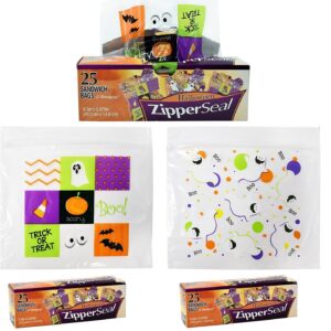 Set of 75 Halloween Zipper Seal Sandwich Bags - Assorted Halloween Fun Designs - Great for Treats