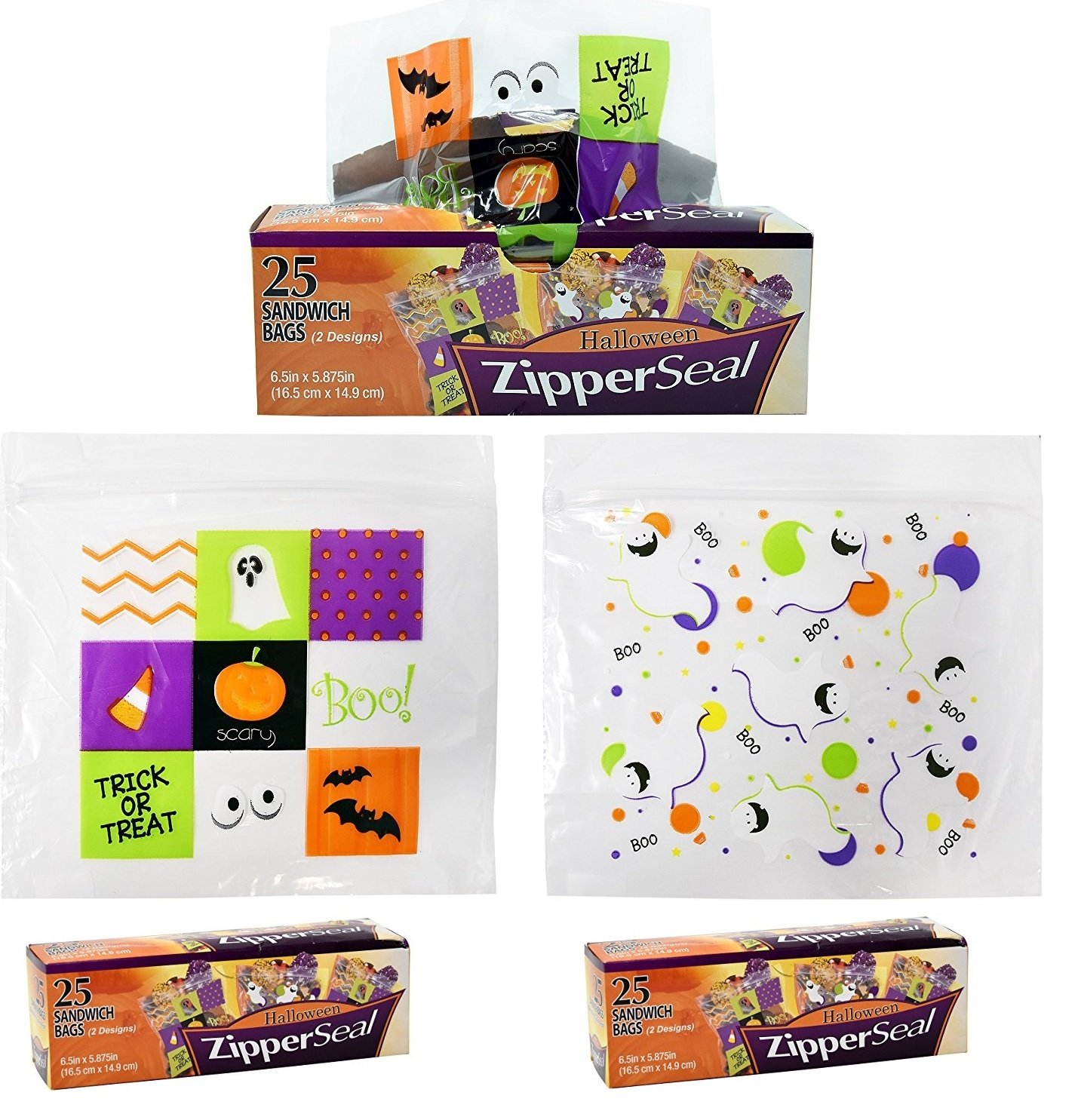 Set of 75 Halloween Zipper Seal Sandwich Bags - Assorted Halloween Fun Designs - Great for Treats