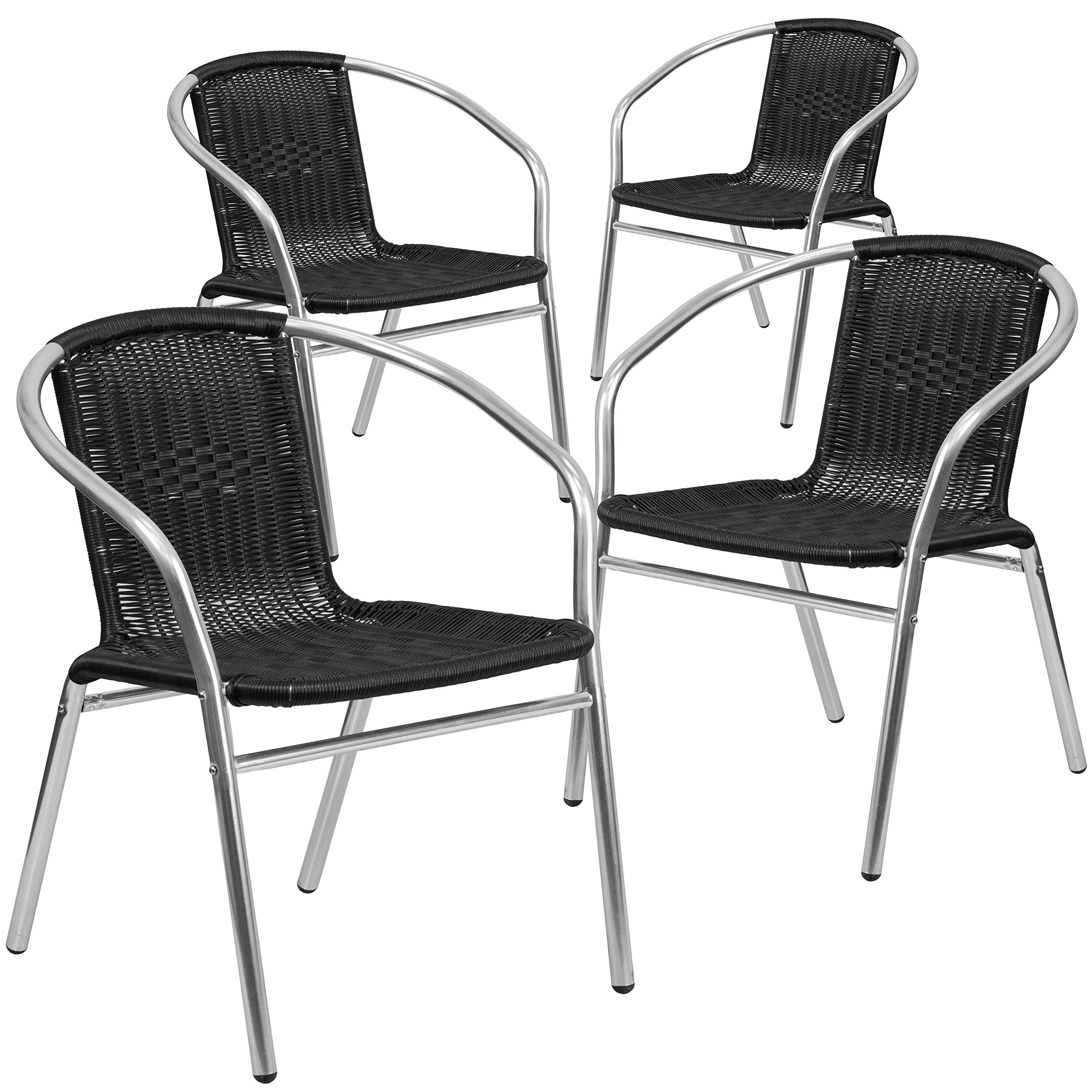 Flash Furniture Lila 4 Pack Commercial Aluminum and Black Rattan Indoor-Outdoor Restaurant Stack Chair