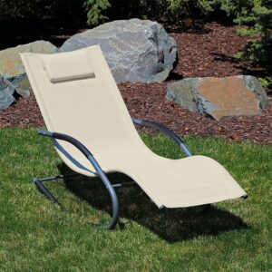 Sunnydaze Outdoor Rocking Wave Lounger with Pillow, Patio and Lawn Lounge Chair Rocker, Beige, Set of 2