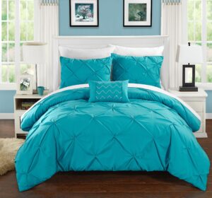 chic home 8 piece daya pinch pleated, ruffled and pleated complete queen bed in a bag duvet set turquoise with white sheets included