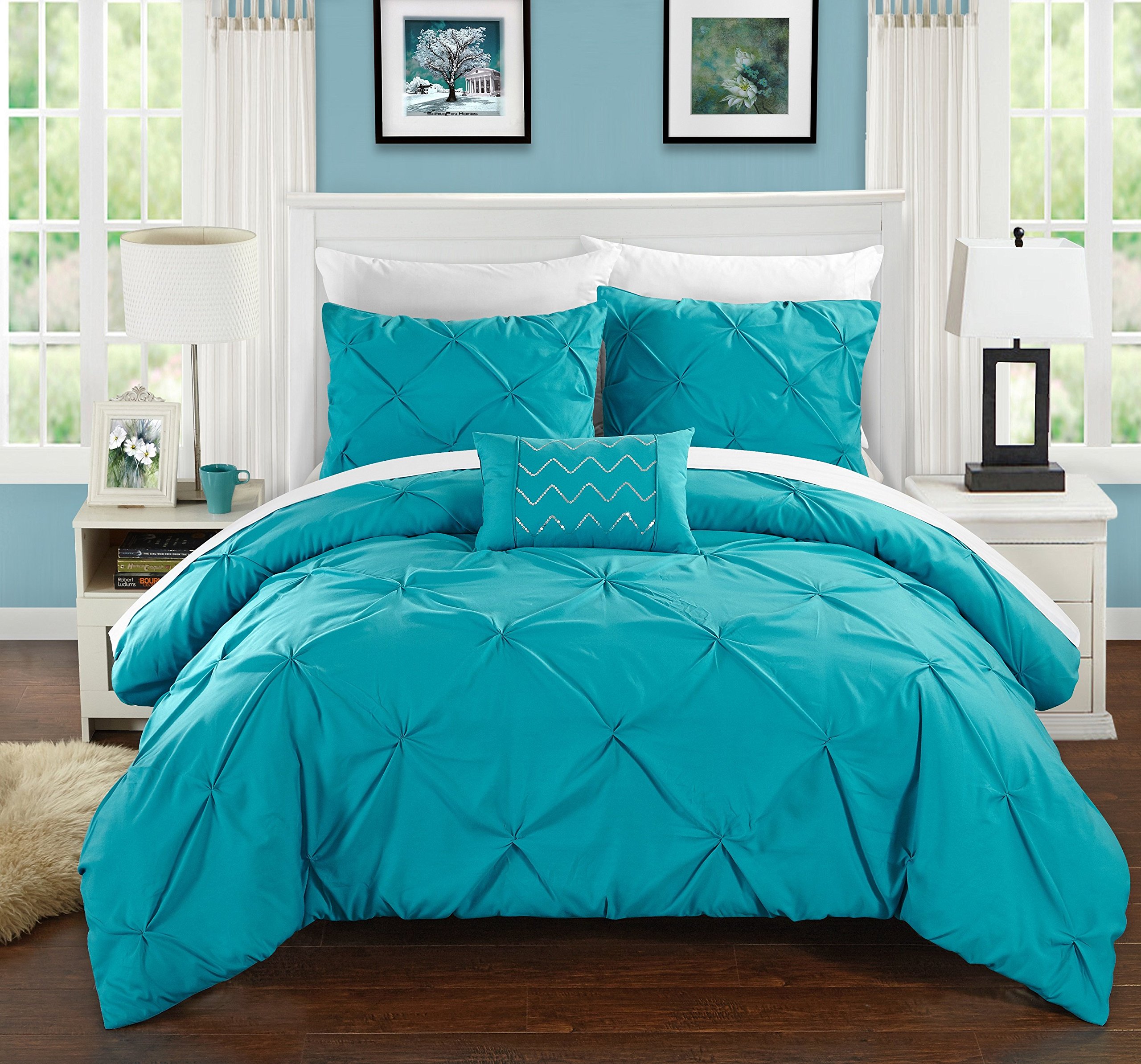 Chic Home 8 Piece Daya Pinch Pleated, Ruffled and Pleated Complete Queen Bed in a Bag Duvet Set Turquoise with White Sheets Included