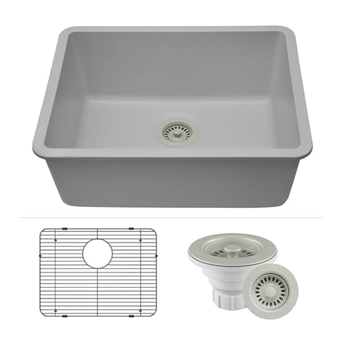 23" x 18" Quartz Kitchen Sink, Single Bowl Kitchen Sinks, Drop in Kitchen Sink, Granite Composite Kitchen Sink, Undermount Sink, Galaxy White Kitchen Sink, Includes Grid, Strainer, Flange, LP-2318-W