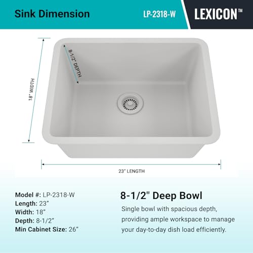 23" x 18" Quartz Kitchen Sink, Single Bowl Kitchen Sinks, Drop in Kitchen Sink, Granite Composite Kitchen Sink, Undermount Sink, Galaxy White Kitchen Sink, Includes Grid, Strainer, Flange, LP-2318-W