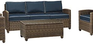 Crosley Furniture Bradenton 5-Piece Outdoor Sofa Patio Furniture Set, Wicker Conversation Sets for Porch, Brown with Navy Cushions