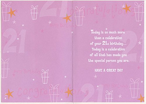 Silver Foil 21 on Pink with Stars: 21st - Designer Greetings Birthday Card