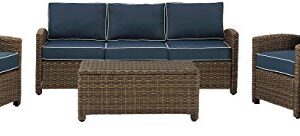 Crosley Furniture Bradenton 5-Piece Outdoor Sofa Patio Furniture Set, Wicker Conversation Sets for Porch, Brown with Navy Cushions