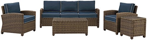 Crosley Furniture Bradenton 5-Piece Outdoor Sofa Patio Furniture Set, Wicker Conversation Sets for Porch, Brown with Navy Cushions