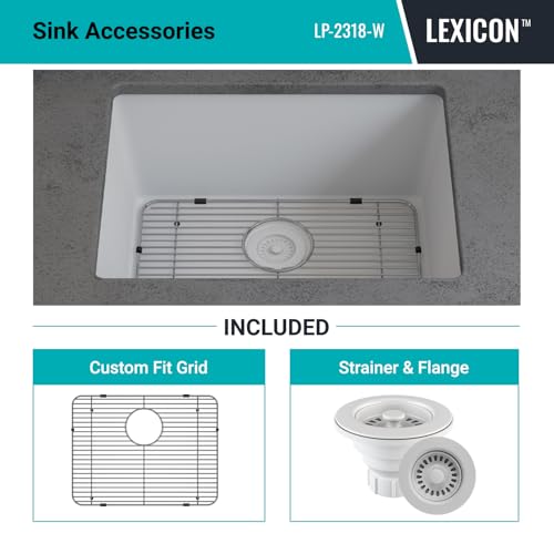 23" x 18" Quartz Kitchen Sink, Single Bowl Kitchen Sinks, Drop in Kitchen Sink, Granite Composite Kitchen Sink, Undermount Sink, Galaxy White Kitchen Sink, Includes Grid, Strainer, Flange, LP-2318-W