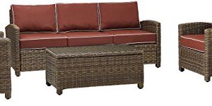 Crosley Furniture Bradenton 5-Piece Outdoor Sofa Patio Furniture Set, Wicker Conversation Sets for Porch, Brown with Sangria Cushions