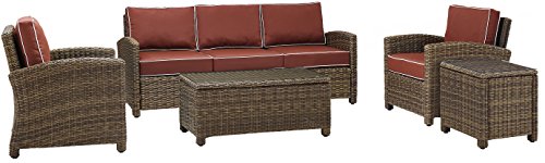 Crosley Furniture Bradenton 5-Piece Outdoor Sofa Patio Furniture Set, Wicker Conversation Sets for Porch, Brown with Sangria Cushions