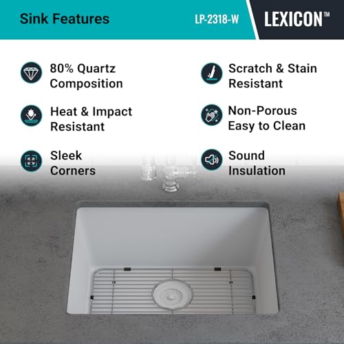 23" x 18" Quartz Kitchen Sink, Single Bowl Kitchen Sinks, Drop in Kitchen Sink, Granite Composite Kitchen Sink, Undermount Sink, Galaxy White Kitchen Sink, Includes Grid, Strainer, Flange, LP-2318-W