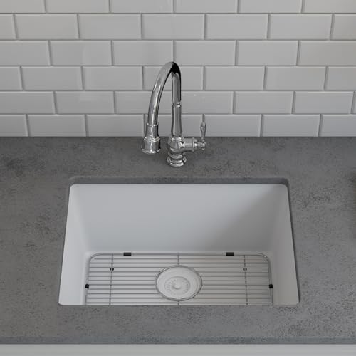 23" x 18" Quartz Kitchen Sink, Single Bowl Kitchen Sinks, Drop in Kitchen Sink, Granite Composite Kitchen Sink, Undermount Sink, Galaxy White Kitchen Sink, Includes Grid, Strainer, Flange, LP-2318-W