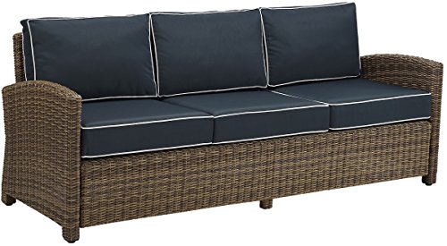 Crosley Furniture Bradenton 5-Piece Outdoor Sofa Patio Furniture Set, Wicker Conversation Sets for Porch, Brown with Navy Cushions