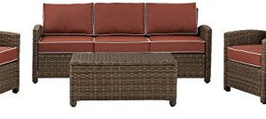 Crosley Furniture Bradenton 5-Piece Outdoor Sofa Patio Furniture Set, Wicker Conversation Sets for Porch, Brown with Sangria Cushions