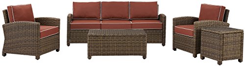 Crosley Furniture Bradenton 5-Piece Outdoor Sofa Patio Furniture Set, Wicker Conversation Sets for Porch, Brown with Sangria Cushions