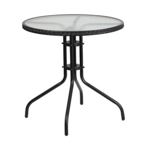 flash furniture barker 28'' round tempered glass metal table with black rattan edging