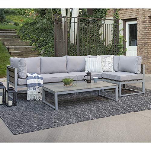 Walker Edison Macae Contemporary 4 Piece Modular Plank Design Outdoor Sectional, Set of 4, Grey