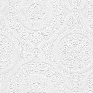 Norwall NW48932 Carter Series Vinyl Textured Paintable Floral Scroll Boarded Square Design Large Wallpaper Roll, 21" W x 33'L, White