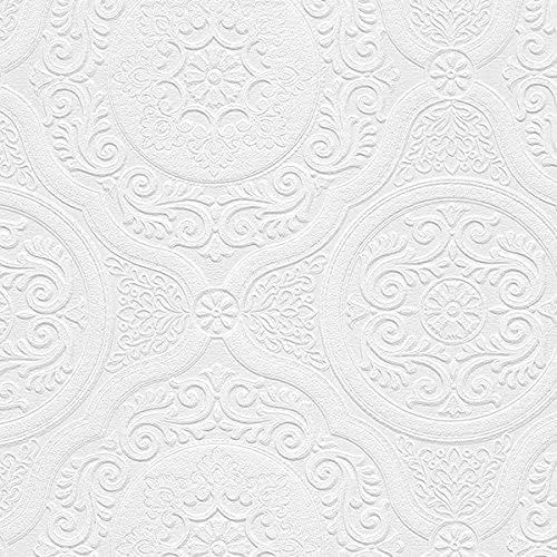 Norwall NW48932 Carter Series Vinyl Textured Paintable Floral Scroll Boarded Square Design Large Wallpaper Roll, 21" W x 33'L, White