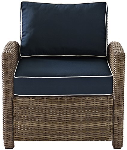 Crosley Furniture Bradenton 5-Piece Outdoor Sofa Patio Furniture Set, Wicker Conversation Sets for Porch, Brown with Navy Cushions