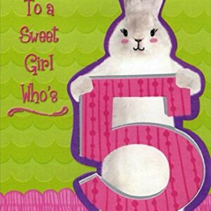 Bunny Holding 5 on Green and Pink Pop Up: 5th - Designer Greetings Birthday Card