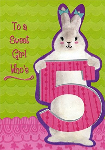 Bunny Holding 5 on Green and Pink Pop Up: 5th - Designer Greetings Birthday Card