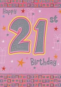 silver foil 21 on pink with stars: 21st - designer greetings birthday card